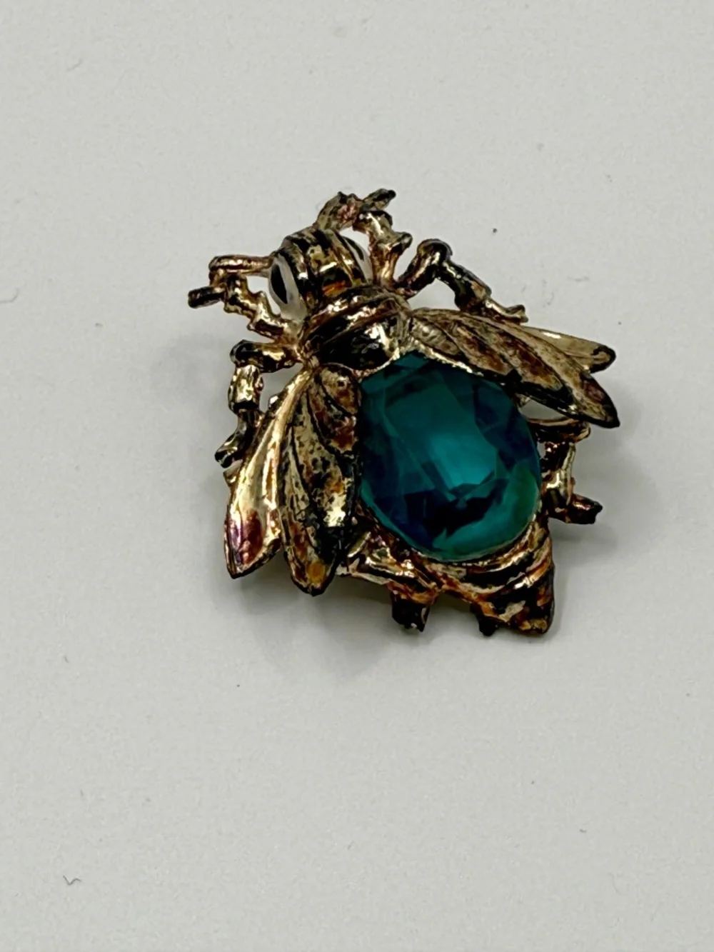 Vintage Bee Insect Brooch Blue Green Glass Jelly Belly Figural Pin